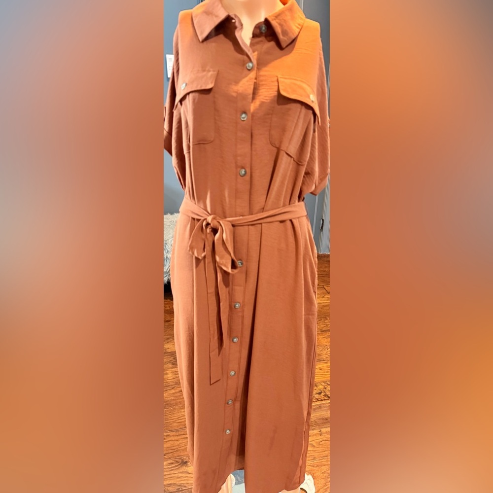Rust Orange Belted Shirt Dress Midi Button Front Plus Size XL 14/16W NWT - Picture 2 of 7
